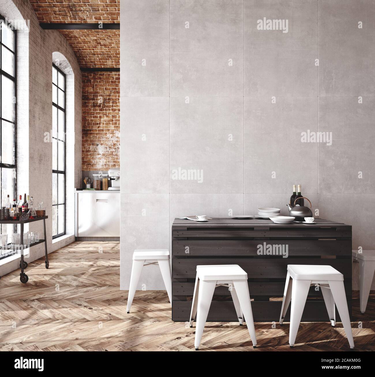 Loft-Wohnung, Küche Interieur, Industriestil, 3d-Render Stockfoto