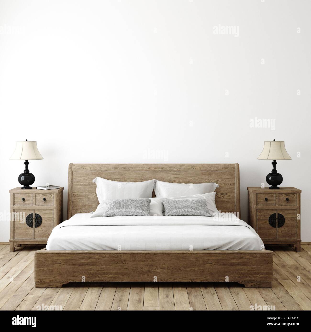 Bauernhaus Schlafzimmer Innenraum Hintergrund, Wand mockup, 3d-Rendering Stockfoto