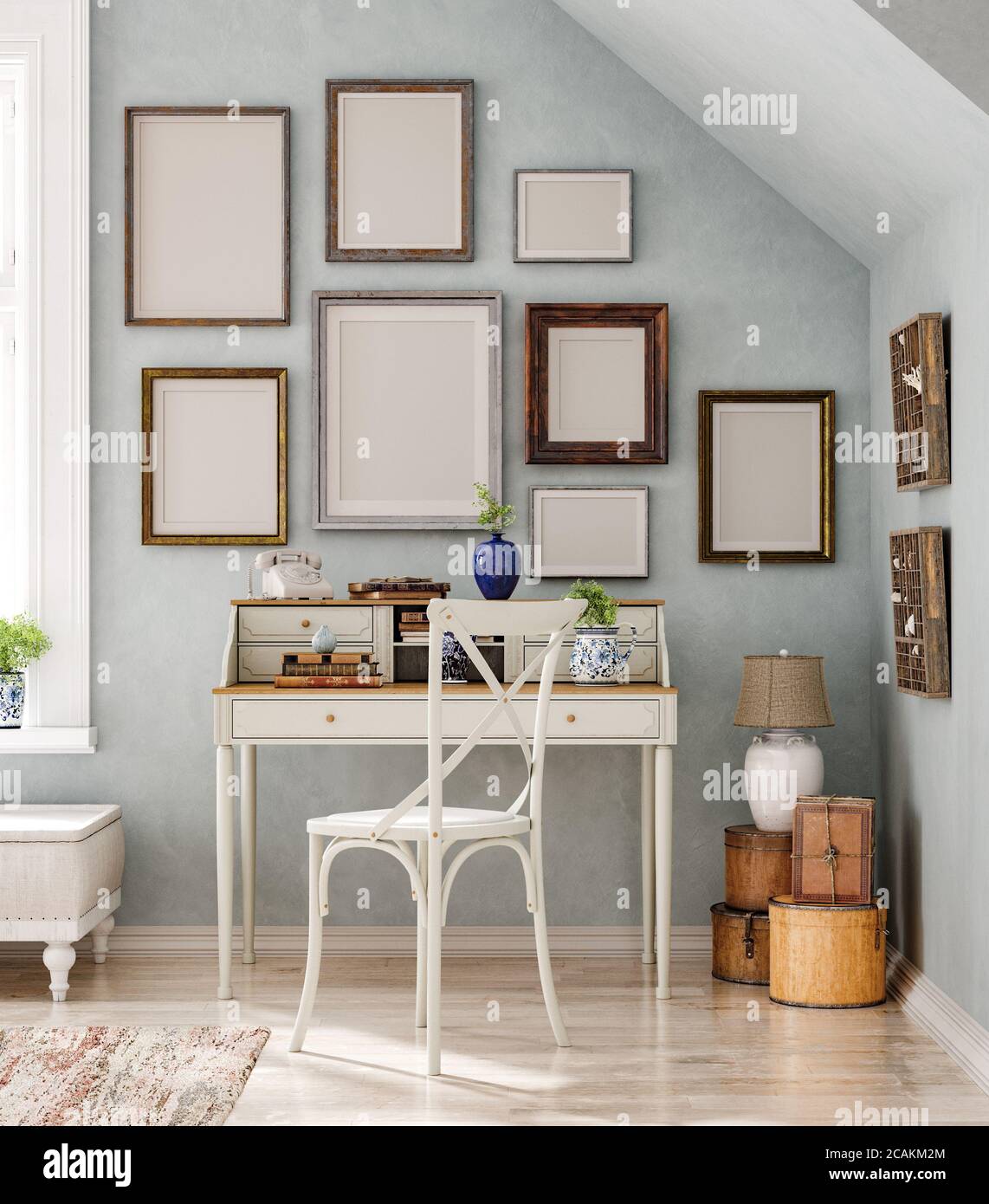 Mockup-Rahmen im Vintage-Innenhintergrund, 3d-Rendering Stockfoto