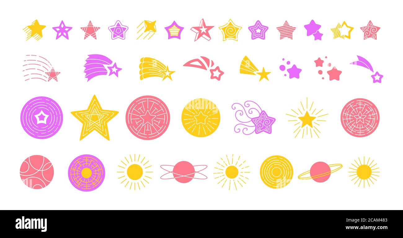 Sterndoodle-Symbol festgelegt. Helle farbige flache handgezeichnete Sterne Symbole. Silhouette sternenklare Nacht funkelt, glänzend platzen, fallen Glitter platzen. Skizzieren Feuerwerk funkeln, leuchten. Isolierte Vektordarstellung Stock Vektor