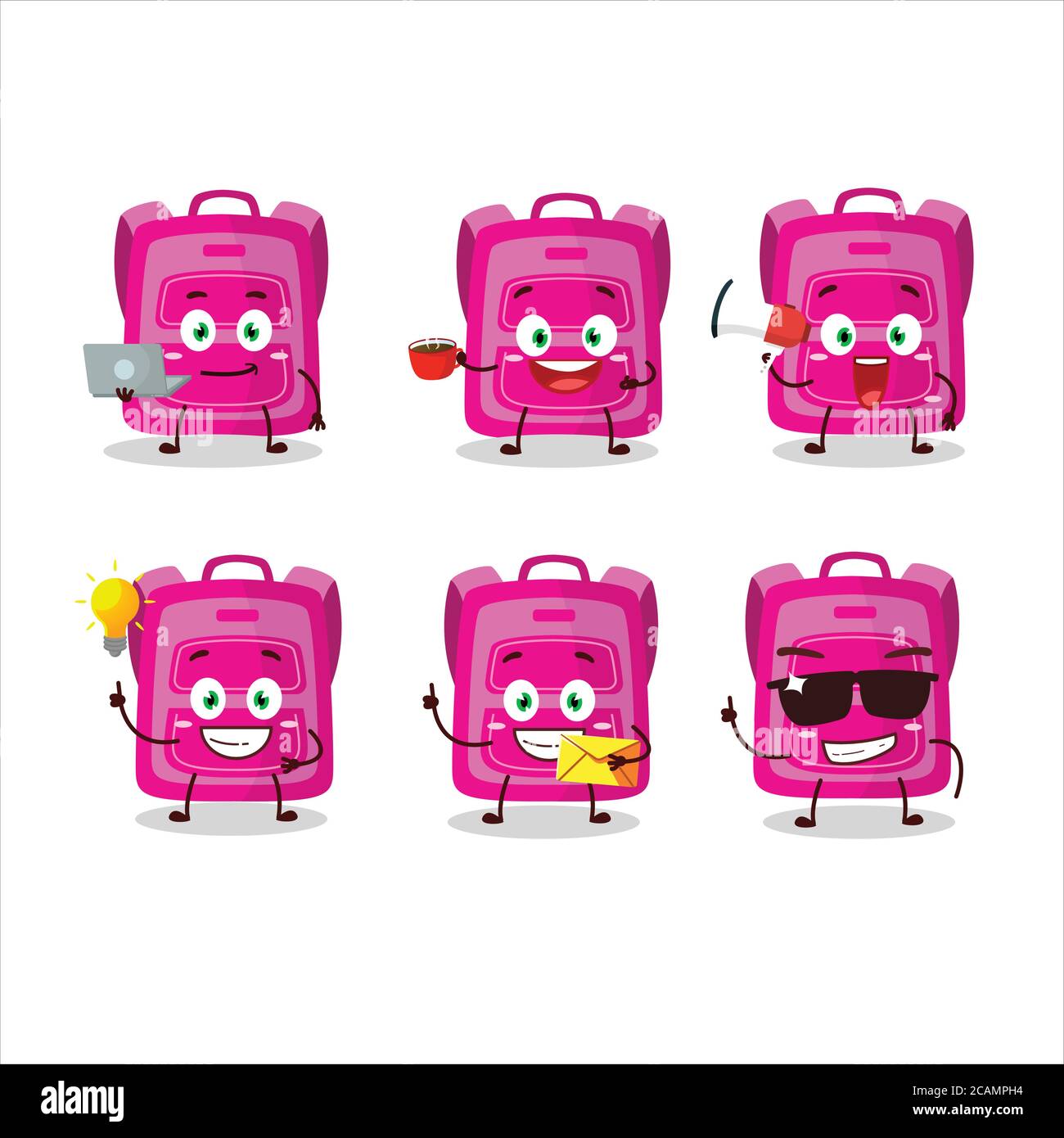 Rosa Schultasche Cartoon-Charakter mit verschiedenen Arten von Business-Emoticons Stock Vektor