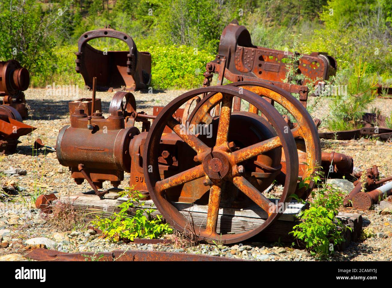 Ausrüstungshof, Sumpter Valley Dredge State Heritage Area, Elkhorn Drive National Scenic Byway, Oregon Stockfoto