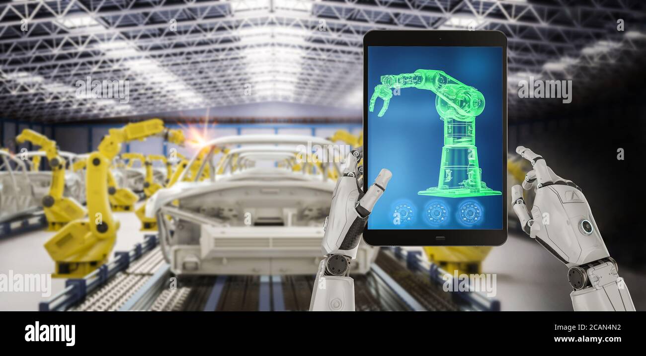 Automation aumobile factory Konzept mit 3D-rendering Roboter in der autofabrik Stockfoto