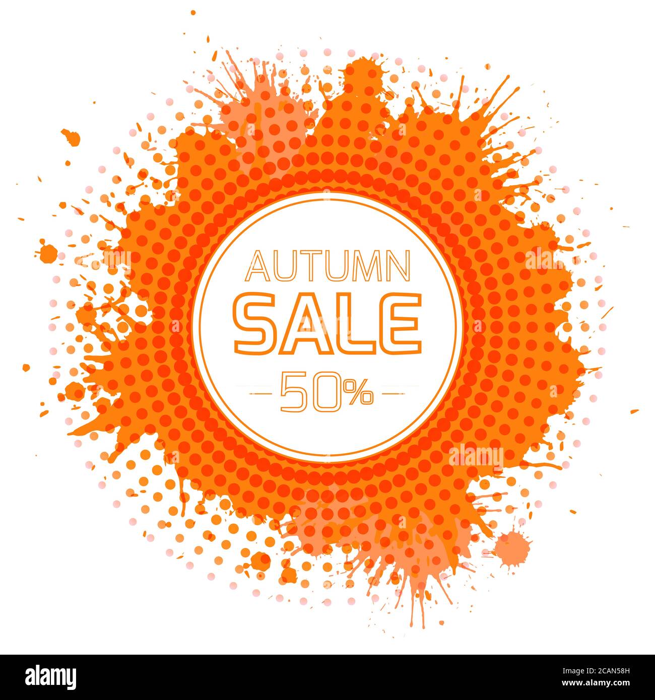 Rundes Banner für den Herbstverkauf mit orangen Spritzern und Halbtönen. Vektorelement für Ihr Design Stock Vektor