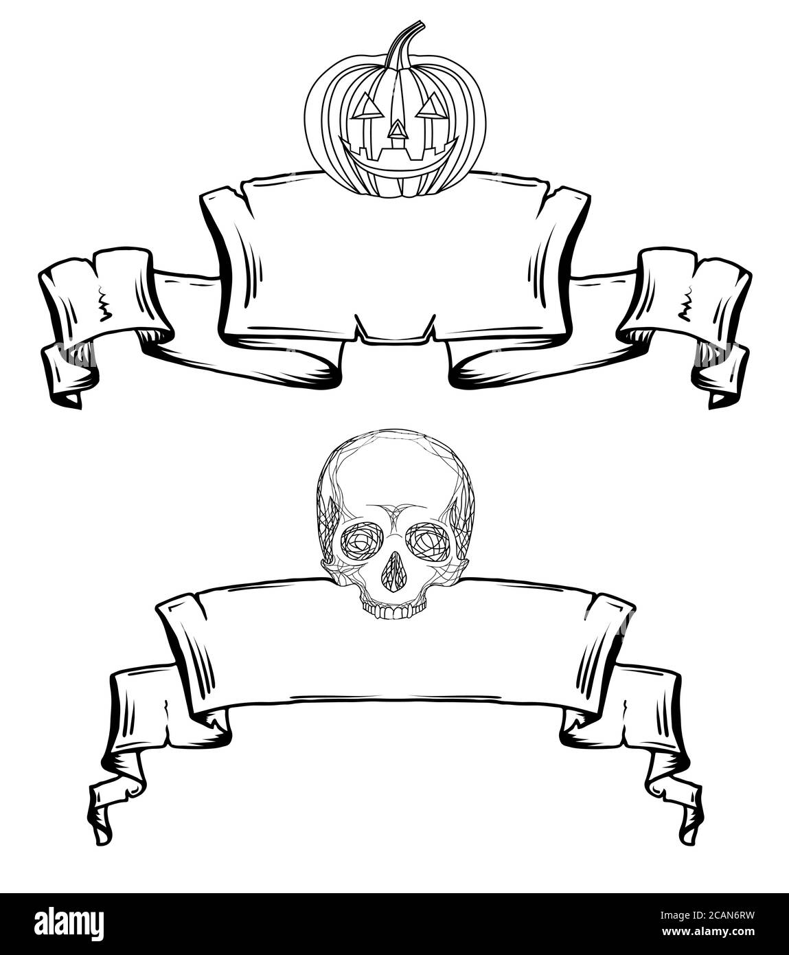 Setzen Sie Kontur von alten Rollen mit Lampe Jack und der Schädel. Dekorationen für Halloween. Vektorelemente für Ihr Design Stock Vektor
