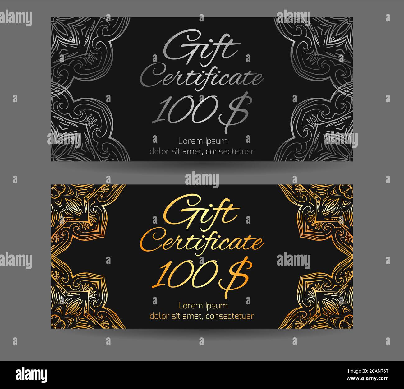 Set von Vintage Luxus-Geschenkgutscheine und Gutscheine mit Gold und Silber Muster. Vektorelement für Ihr Design Stock Vektor