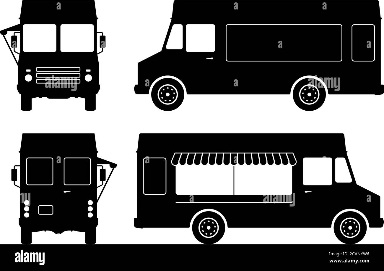 Foodtruck Piktogramme auf weißem Hintergrund. Schwarze Fahrzeugsymbole stellen die Ansicht von der Seite, von vorne und von hinten ein Stock Vektor