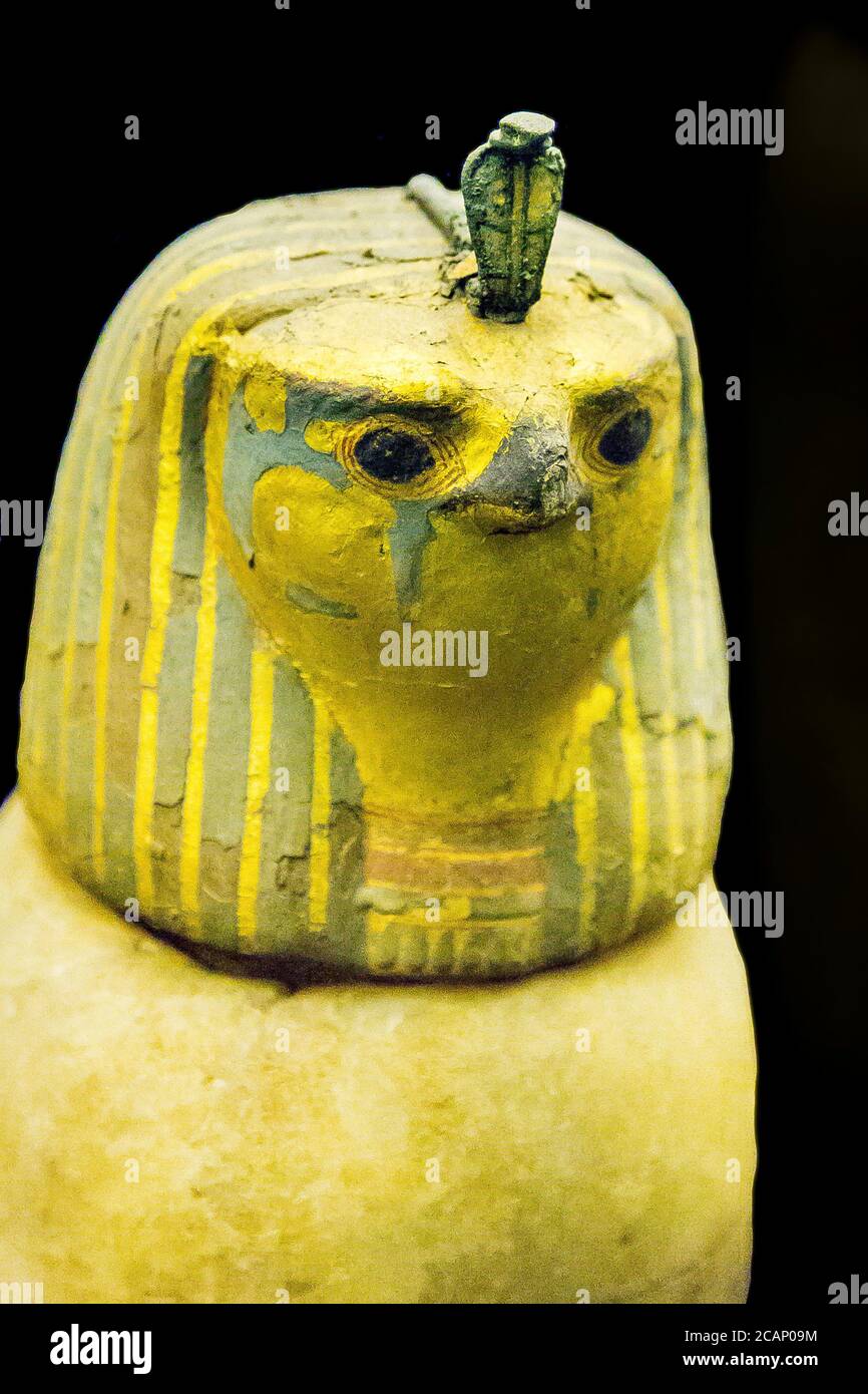 Ägypten, Kairo, Ägyptisches Museum, gefunden in der königlichen Nekropole von Tanis, 1 der 4 Leinwandvasen des Königs Psusennes. Der Stecker ist ein Falkenkopf. Stockfoto