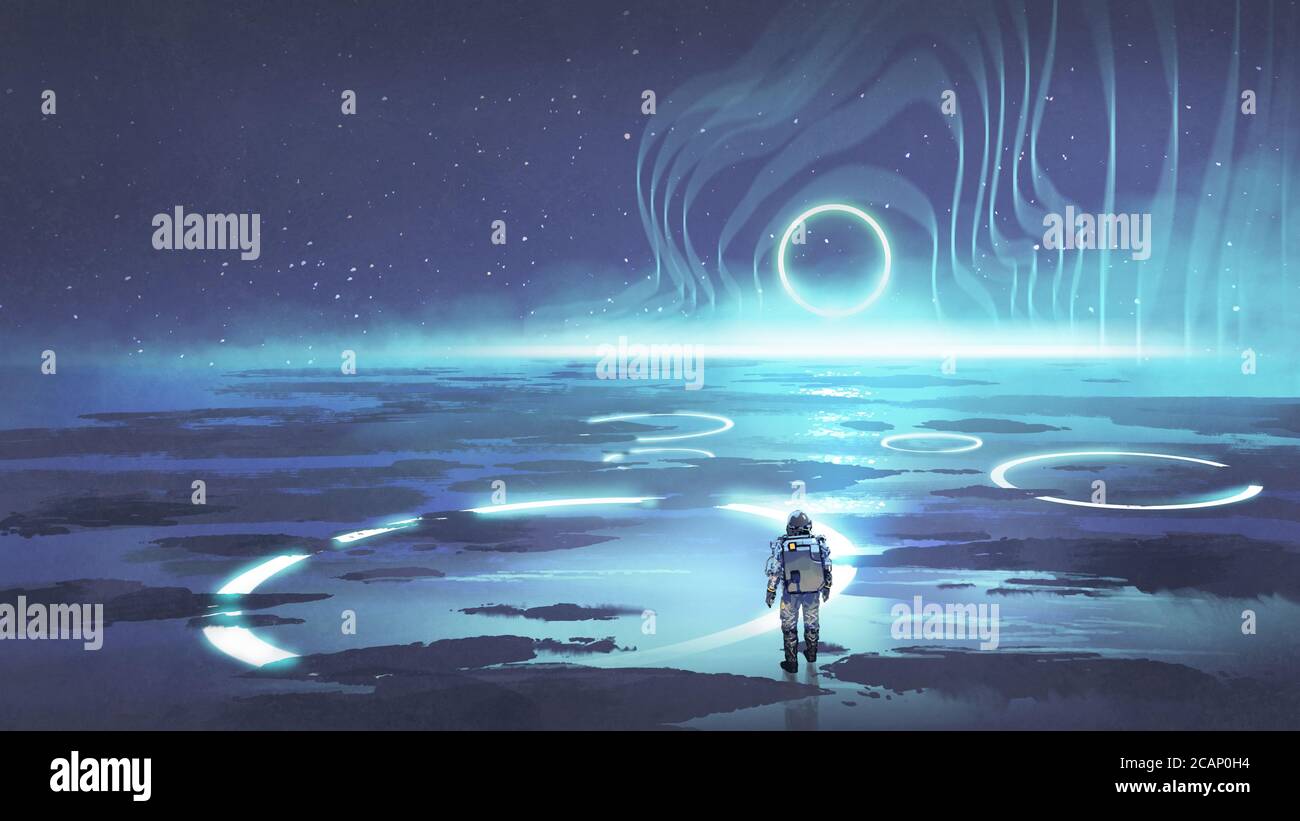 spaceman Wandern auf dem Planeten mit glühenden blauen Ring Licht, digitale Kunst Stil, Illustration Malerei Stockfoto