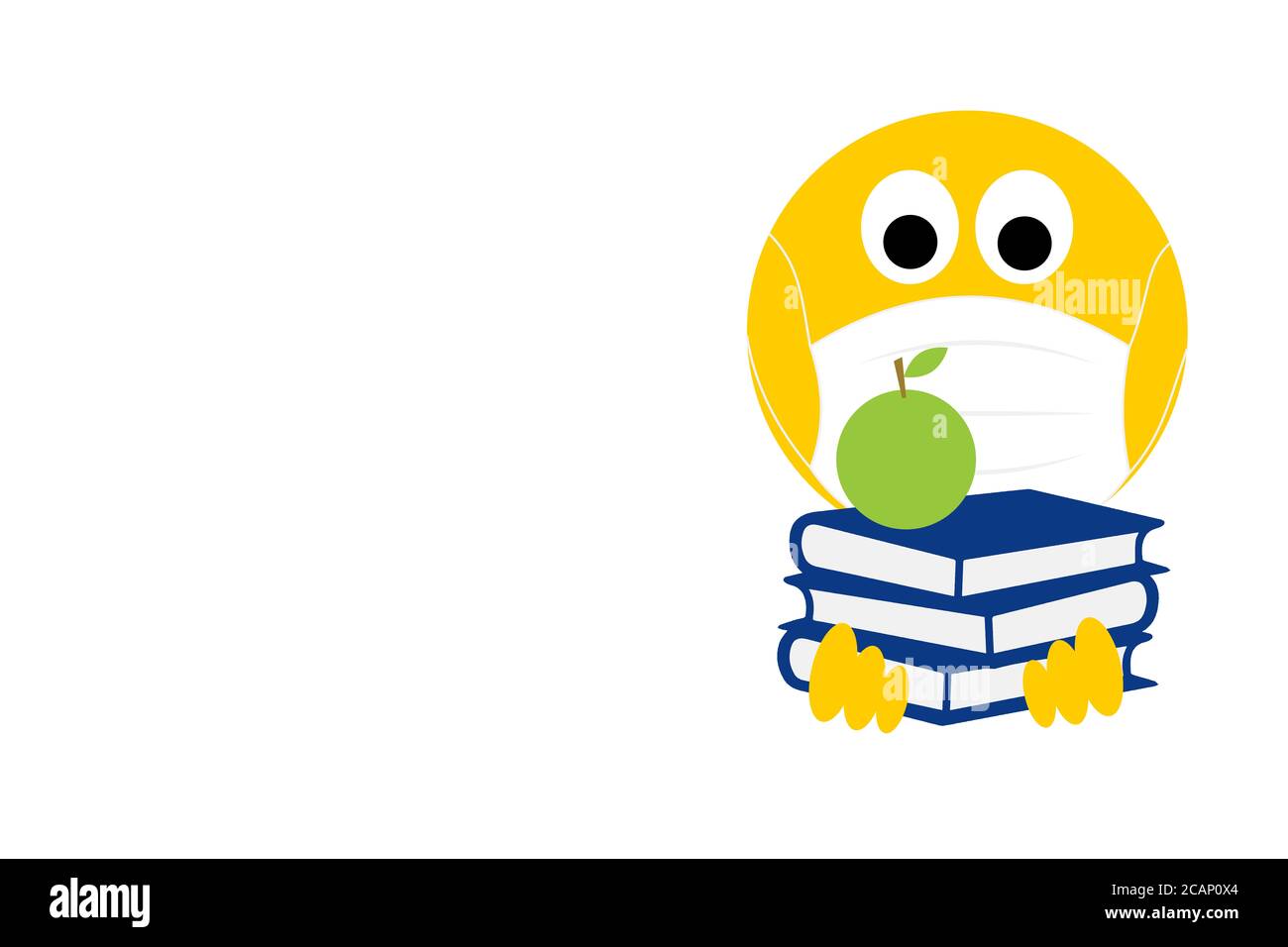 Zurück zur Schule Schüler Emoji mit Büchern und Apfel, Coronavirus, covid 19, Emoji trägt Gesichtsmaske. Jugendkonzept des Coronavirus. Mit Kopierbereich Stockfoto