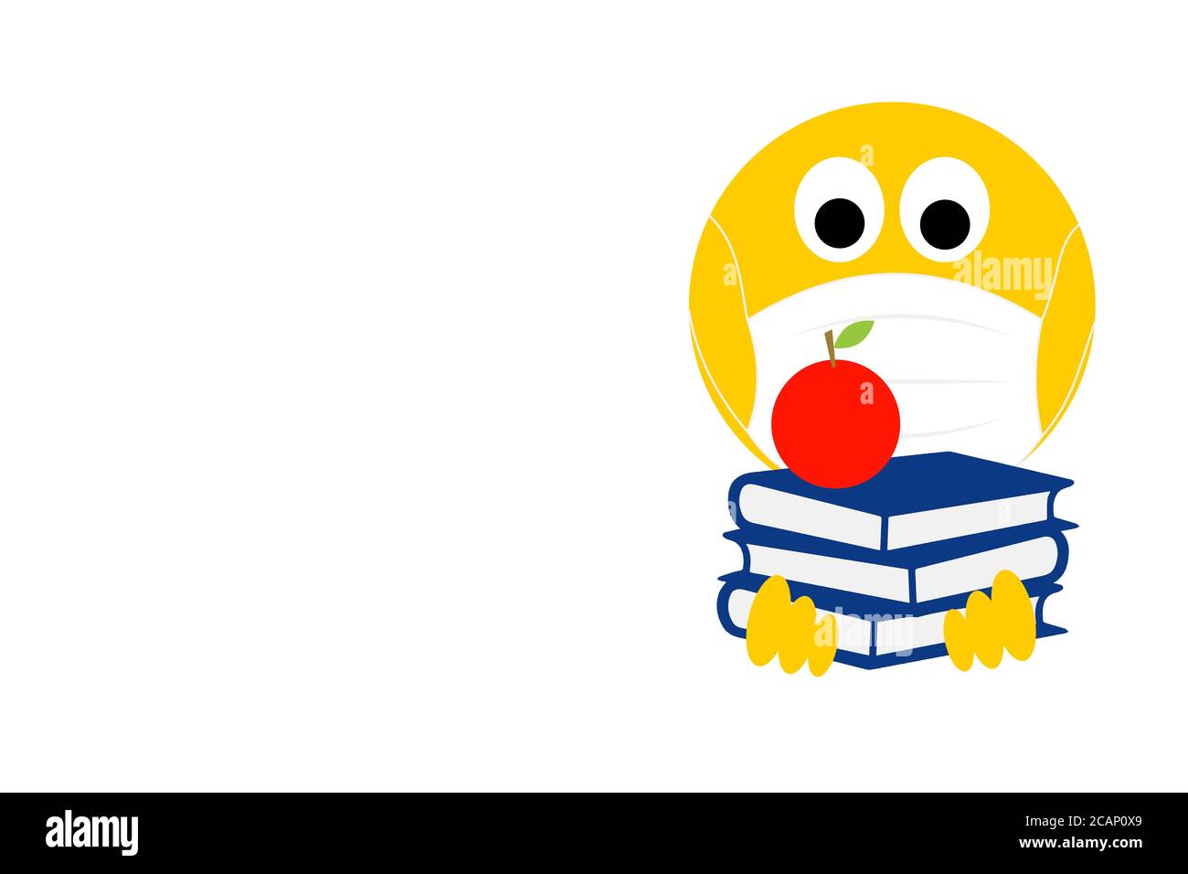 Zurück zur Schule Schüler Emoji mit Büchern und Apfel, Coronavirus, covid 19, Emoji trägt Gesichtsmaske. Jugendkonzept des Coronavirus. Mit Kopierbereich Stockfoto