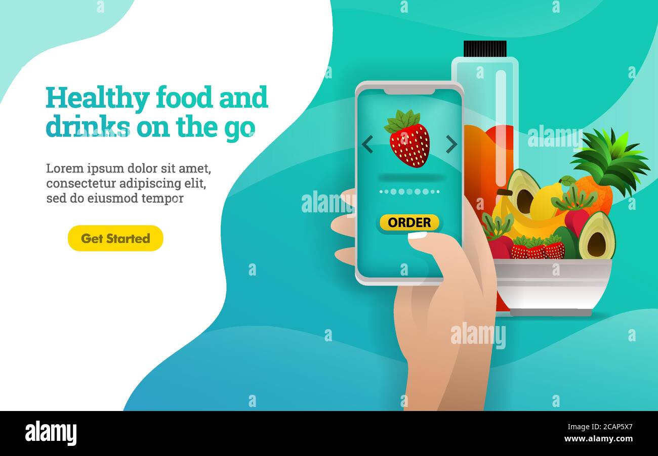 3D-Früchte. Gesunde Lebensmittel und Getränke unterwegs. Menschen bestellen gesundes Obst und Gemüse mit der Anwendung. Kann für, Landing Page, Web, Stock Vektor