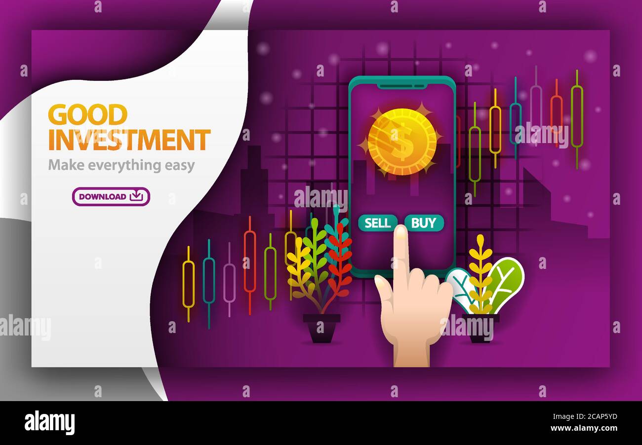 Purple Webseite. Gute Investition Thema. Stock Sale Anwendung, bestimmen verkaufen und kaufen. Kann für, Landing Page, Vorlage, mobile App, Poster, illust Stock Vektor