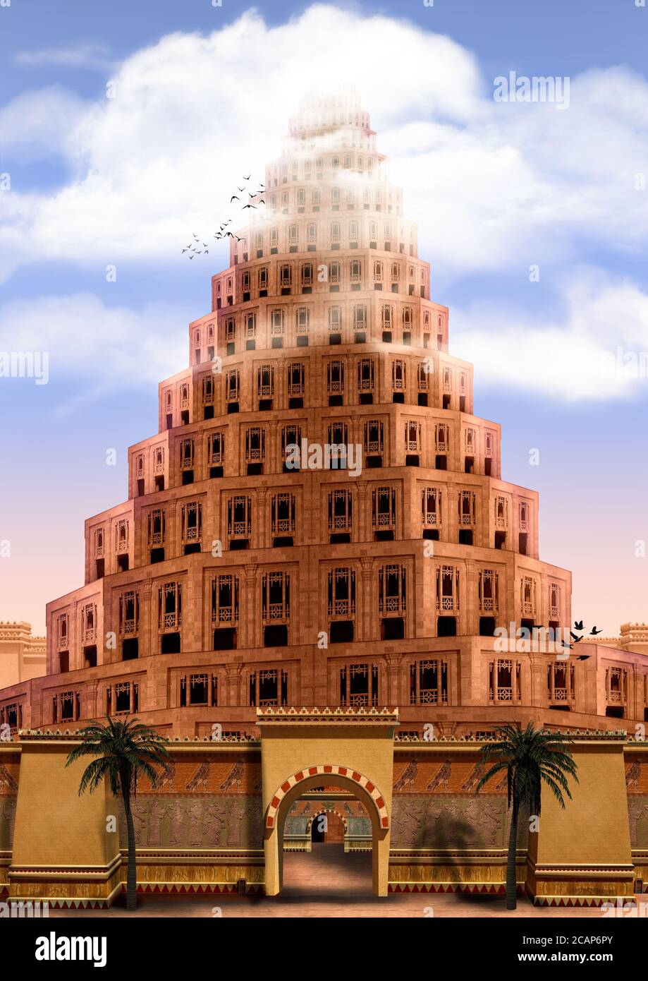 Der Turm zu Babel, aus der Bibel Genesis, erreicht den Himmel, verschwinden in den Wolken. Der Ursprungsmythos erklärt verschiedene Sprachen gesprochen herum Stockfoto