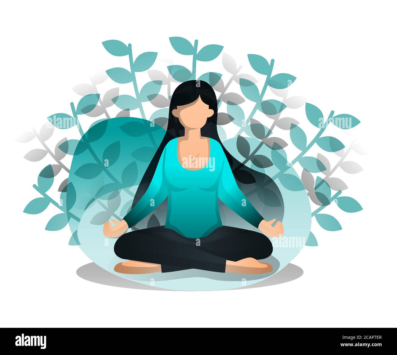 Mädchen Sitzt In Lotus-Position. Vorteile von Meditation und Yoga für Frieden des Geistes und der Emotion, Beginn der Idee und Inspiration. Vektorgrafik Für Stock Vektor