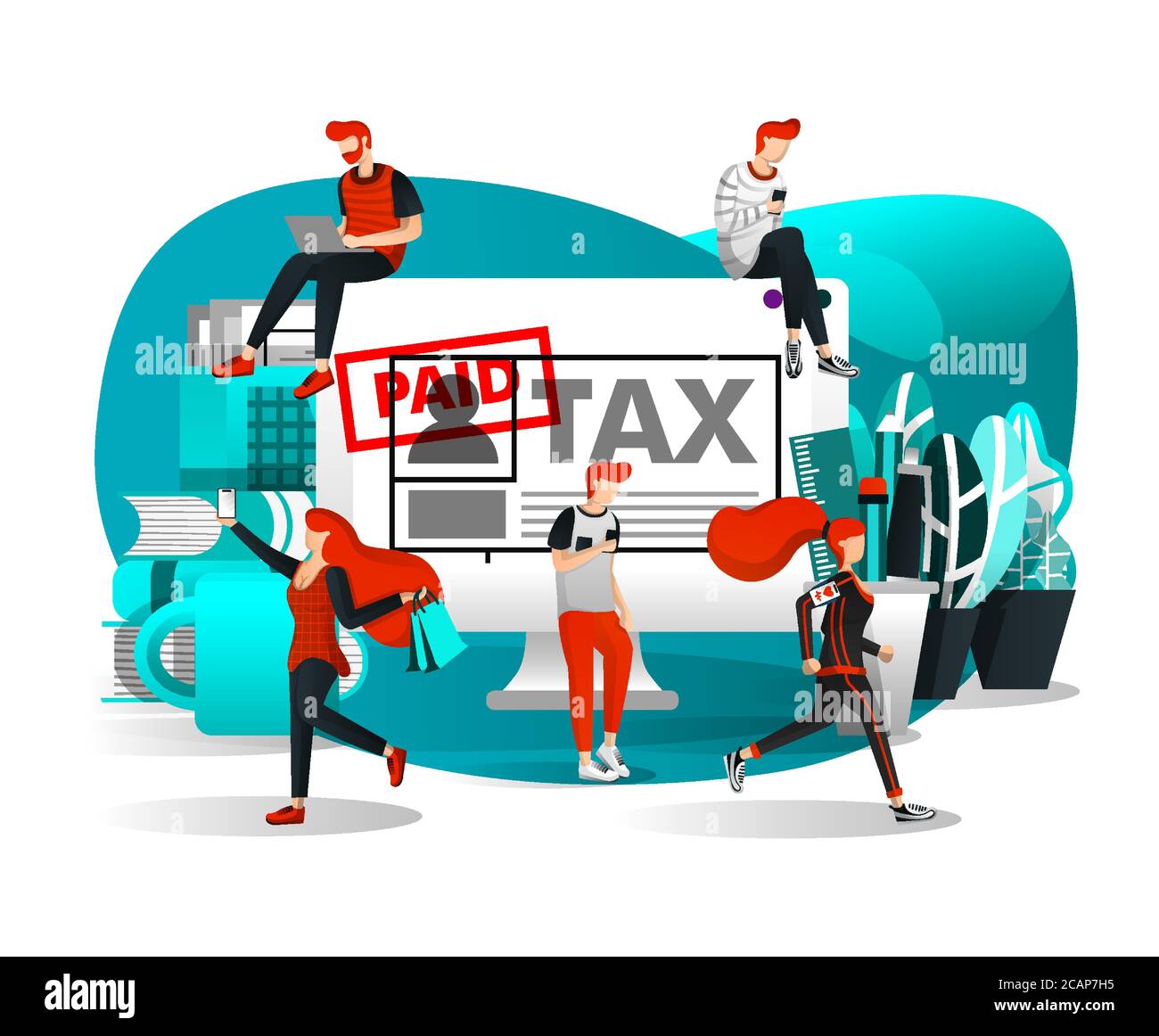Vector Illustration für Web Seite, Element, Banner, Präsentation, Plakat, Landing Page, Flyer, App, UI. Menschen, die täglich rund um einen großen Schreibtisch Stock Vektor
