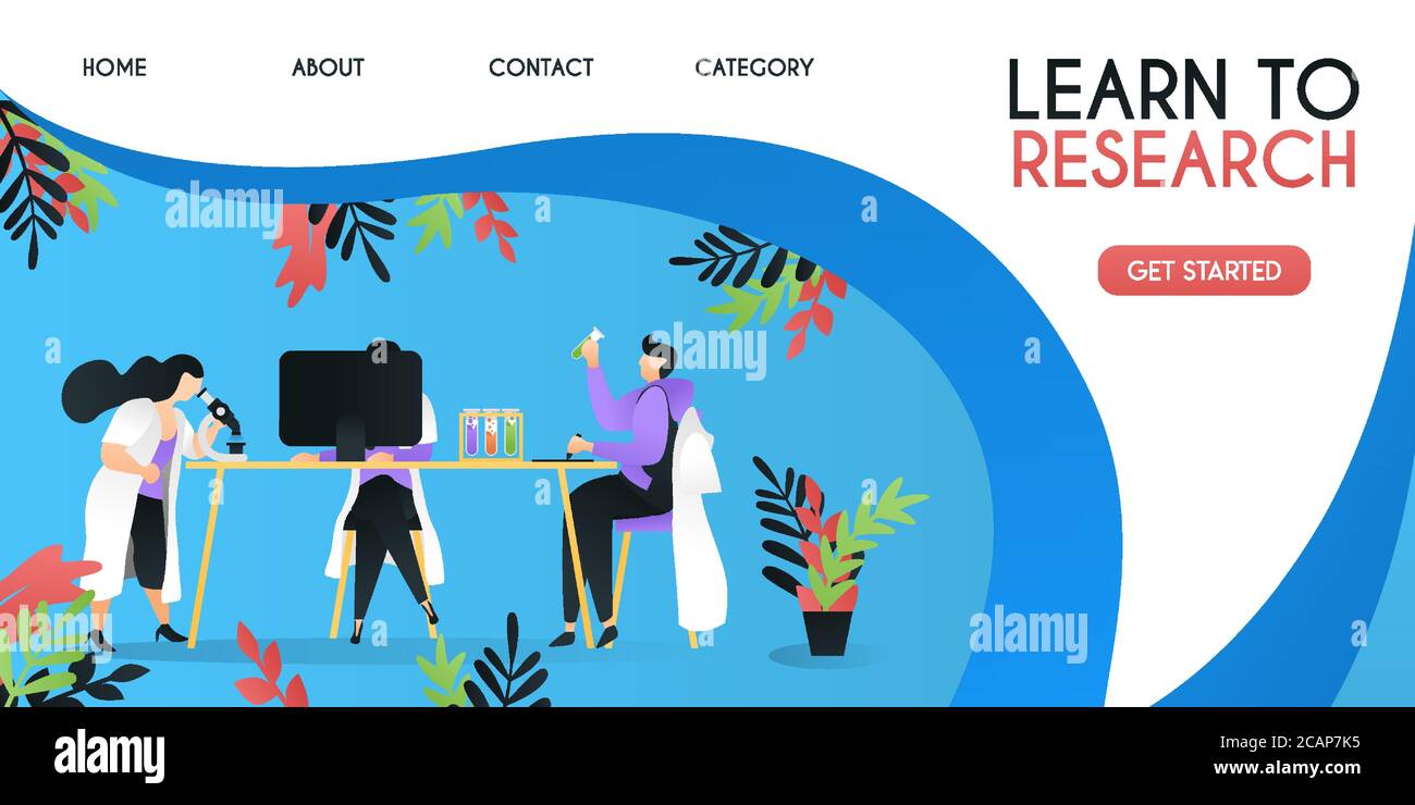 Lernen im Labor zur Forschung. Wissenschaftler studieren auf dem Tisch mit Computern und Mikroskope, Vektor Vorlage Hintergrund isoliert, kann eingesetzt werden Stock Vektor