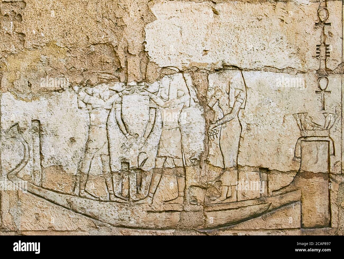Ägypten, Nildelta, Königliche Nekropole von Tanis, Grab von Tschechonq III, Südwand : Erwachen und Navigation des Königs. Stockfoto