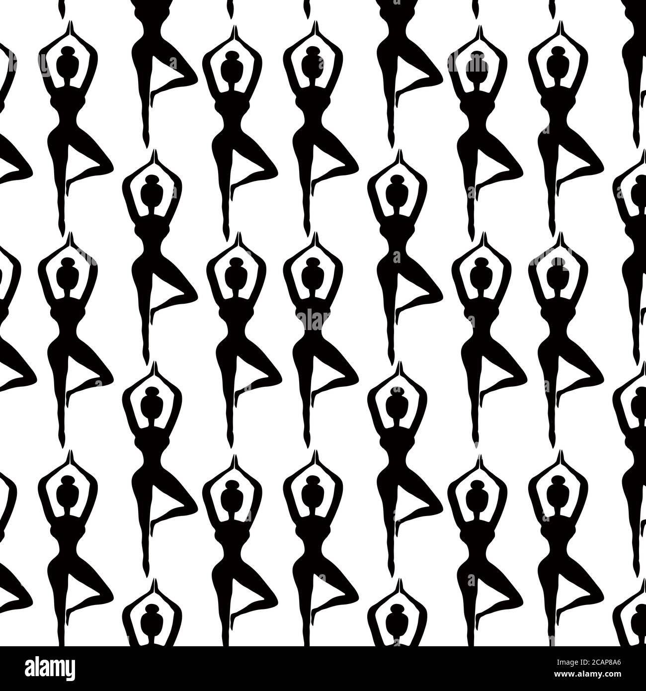 Schwarz-Weiß-Muster mit weiblichen Silhouetten in Baumpose Asana. Nahtloses Ornament für Yogi-Inhalt. Hintergrund, Hintergrundbild, Präsentation, Vorlage Stock Vektor