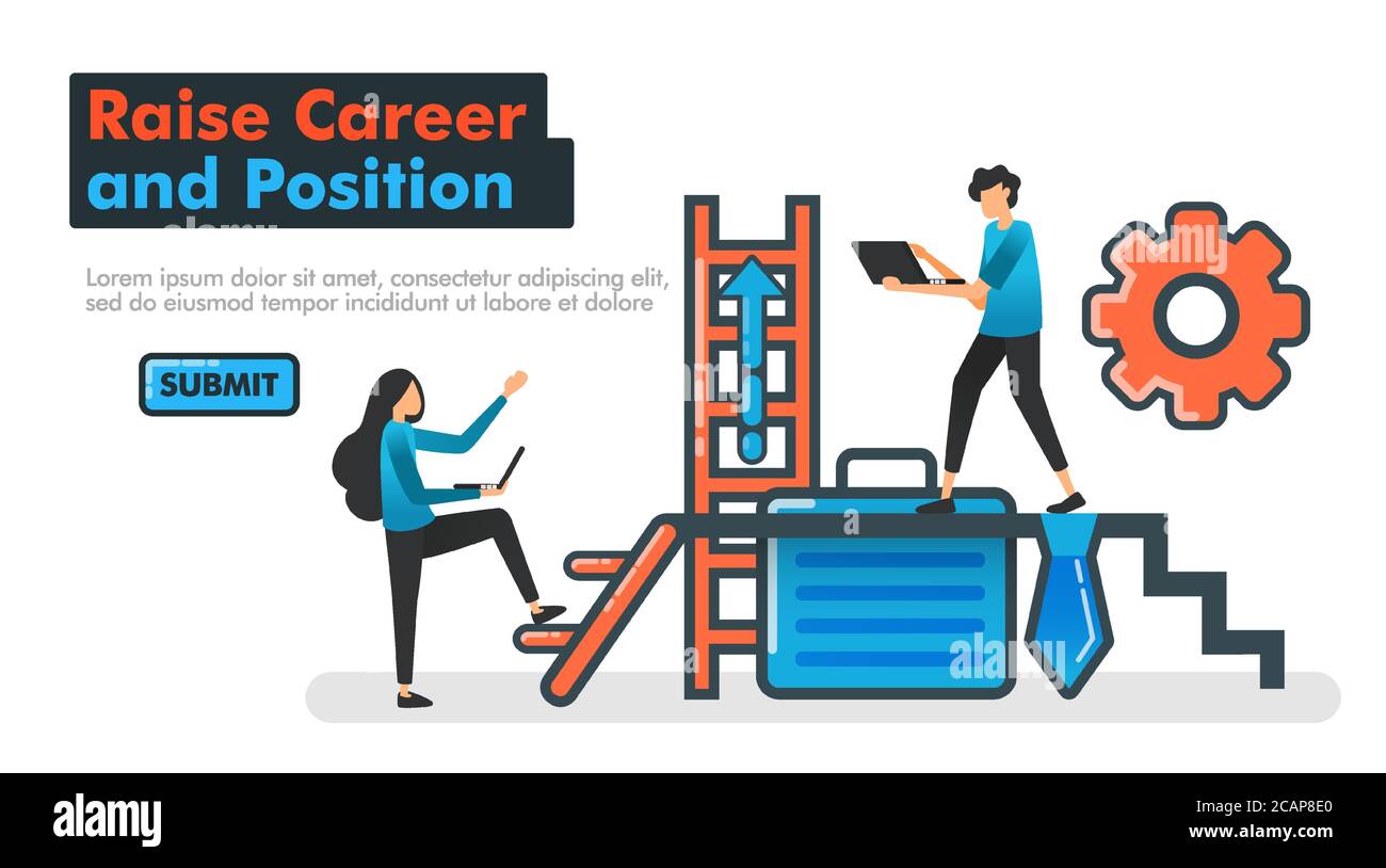 Heben Sie die Darstellung der Karriere- und Positionsvektorlinie an. Menschen, die versuchen, ihre Positionen und Karrieren zu erhöhen, indem sie Treppen steigen und härter arbeiten. Krawatte und Stock Vektor