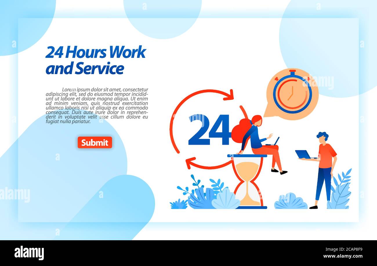 24 Stunden Arbeit Kundendienst, um Benutzer in immer bessere Informationen und Dienstleistungen zu unterstützen, jederzeit und überall. vektor-Illustration Konzept für landi Stock Vektor