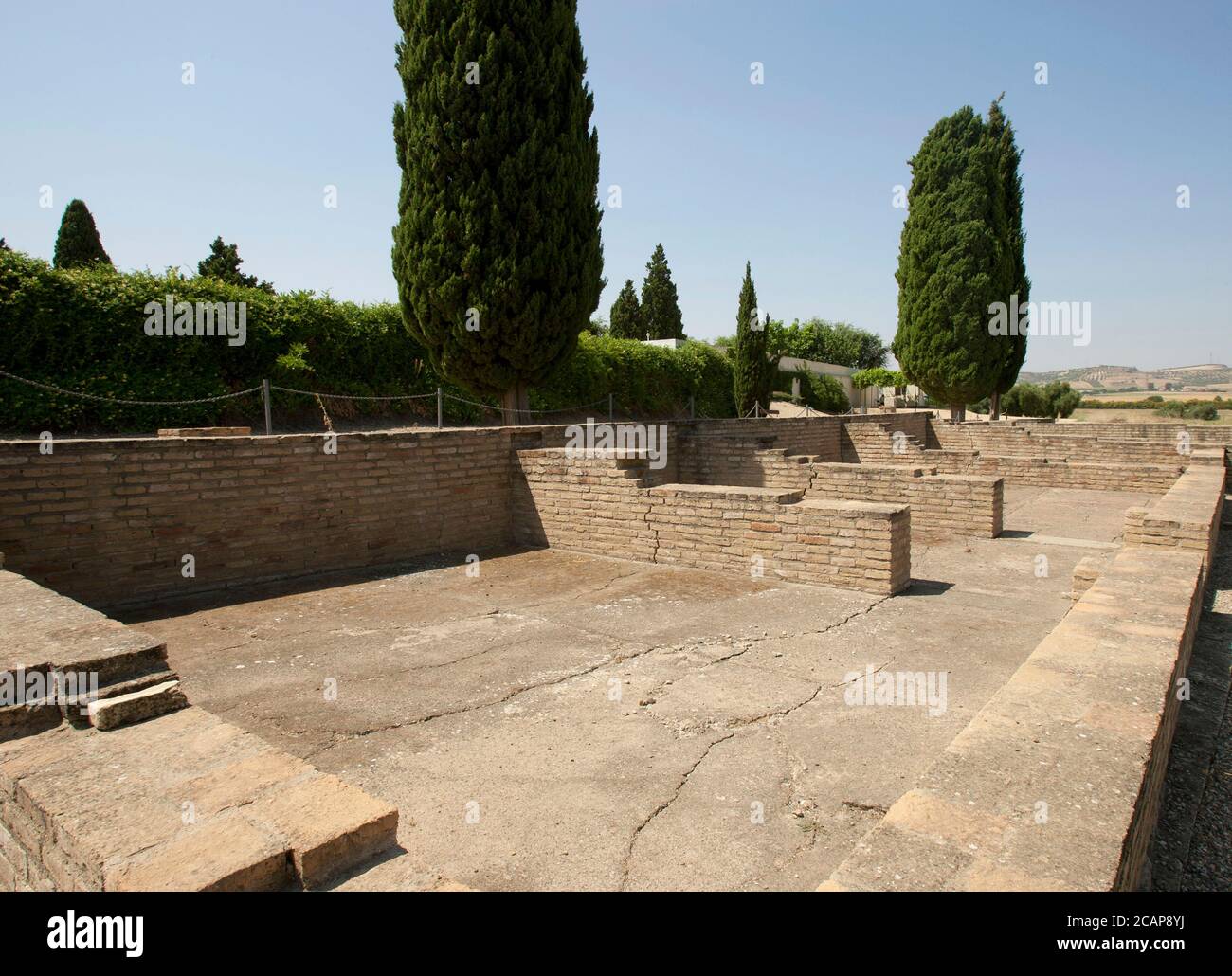 Spanien, Andalusien, Provinz Sevilla, Santiponce. Italica. Römische Stadt gegründet 206 v. Chr. durch den römischen General Publis Cornelius Scipio. Haus der Vögel. Römische Domus. Blick auf die Überreste. Stockfoto