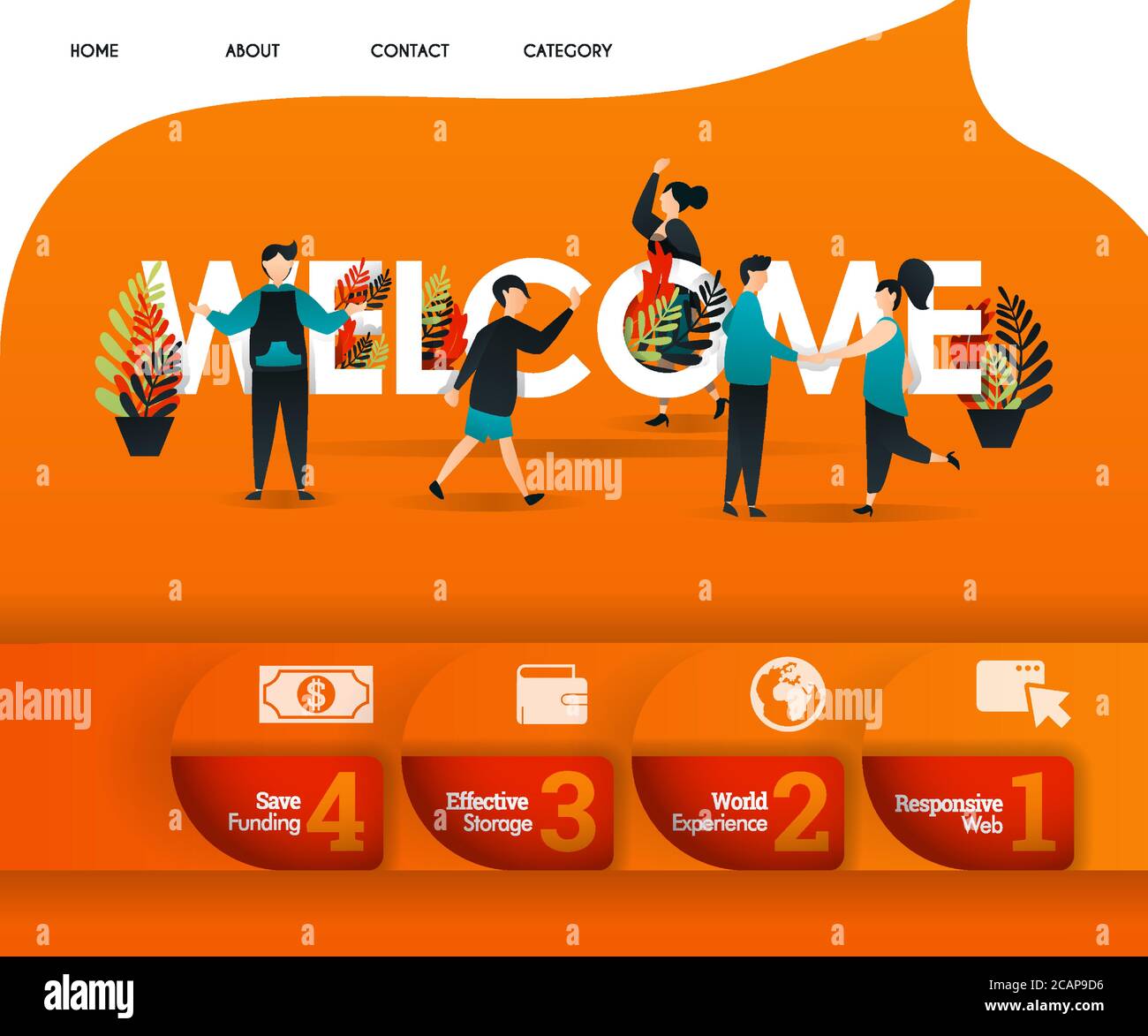WILLKOMMENSWORT mit einem orangen Thema und viele Menschen um. Kann für, Landing Page, Vorlage, ui, Web, mobile App, Poster, Banner, Flyer, Vektor i verwenden Stock Vektor