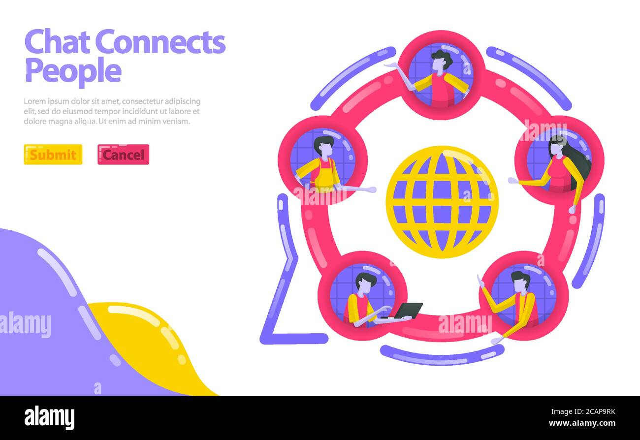 Abbildung: Chat verbindet Menschen. Werden Sie Mitglied der sozialen Gemeinschaft. Die Menschen sind in einem Kreis konzentriert. Soziale Netzwerke in Unternehmen. Flat Vector Konzept für Stock Vektor