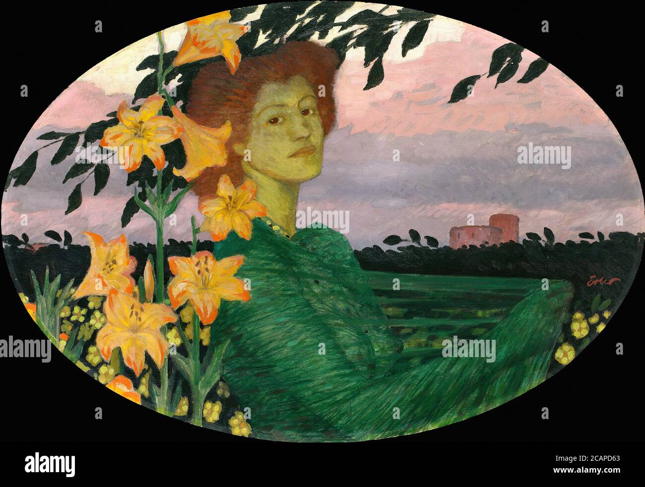 Erler Fritz - Frau mit Lilien - Deutsche Schule - 19. Und Anfang des 20. Jahrhunderts Stockfoto