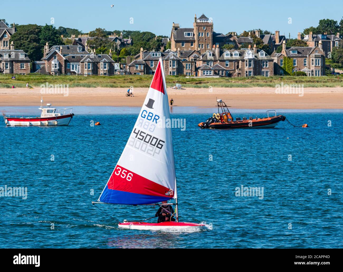 North Berwick, East Lothian, Schottland, 8. August 2020. UK Wetter: Perfekter Tag für Wassersport. Ein warmer, sonniger Tag im Firth of Forth zieht die Menschen an, um das Wasser zu nehmen. East Lothian Yacht Club hält ein Vereinsrennen ab, als ein Junge, der ein Topper-Segelboot segelt, von West Bay aus auffährt Stockfoto