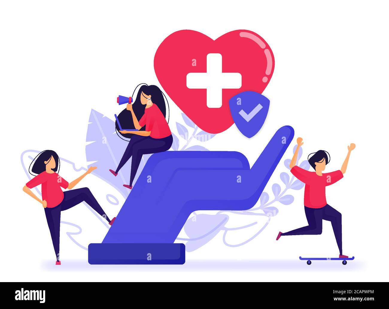 Die Menschen fühlen sich glücklich, weil sie bereits eine Kranken- und Lebensversicherung haben. Registrieren Sie sich gut und Vertrauen Versicherung mit besten medizinischen Einrichtungen. Vektorgrafik Stock Vektor