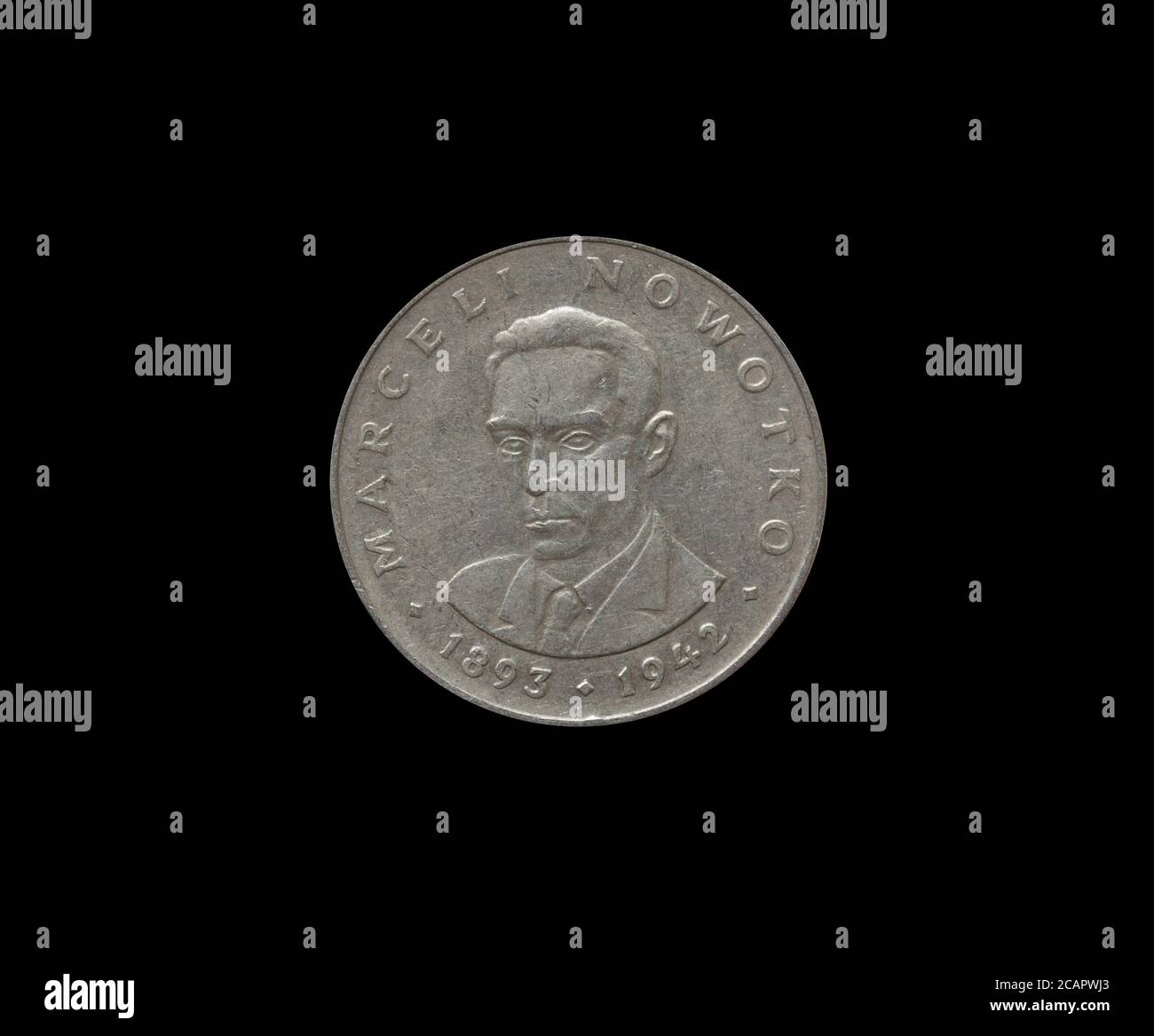 Rückseite der 20 Zlots-Münze, die 1974 von Polen hergestellt wurde, zeigt das Porträt des polnischen kommunistischen Aktivisten Marceli Nowotko Stockfoto