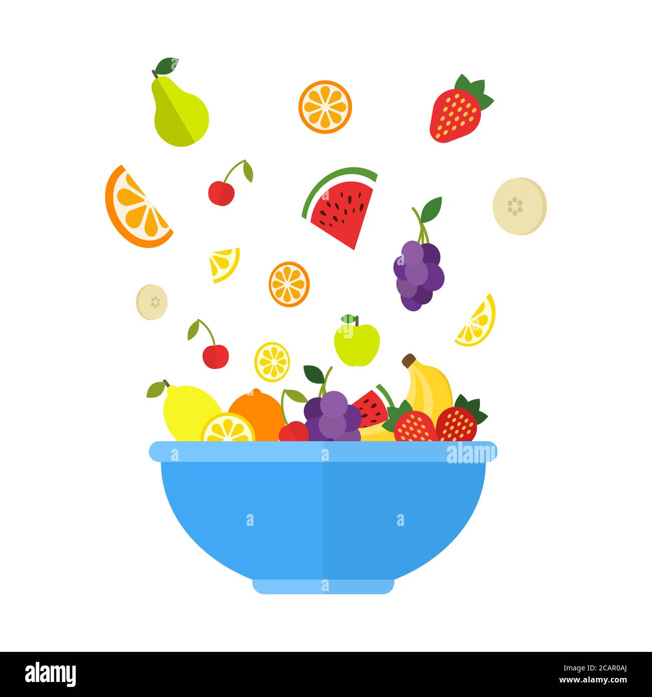 Früchte und Beeren fallen in große blaue Schale. Frischer Obstsalat isoliert auf weißem Hintergrund. Fruchtmix für ein gesundes Leben. Vegane Speisekarte. Vektorillust Stock Vektor