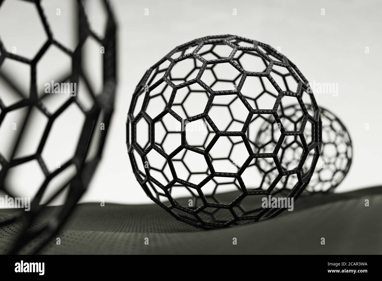 3D-Rendering von Fulleren-Kugeln auf weißem Hintergrund Stockfoto