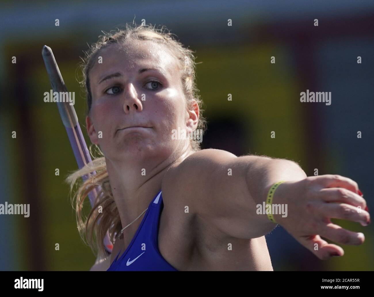 Braunschweig, Deutschland. August 2020. Leichtathletik, Deutsche Meisterschaft, DM, Eintracht Stadion: Speerwurf Frauen. Christin Hussong wirft den Speer. Quelle: Michael Kappeler/dpa/Alamy Live News Stockfoto