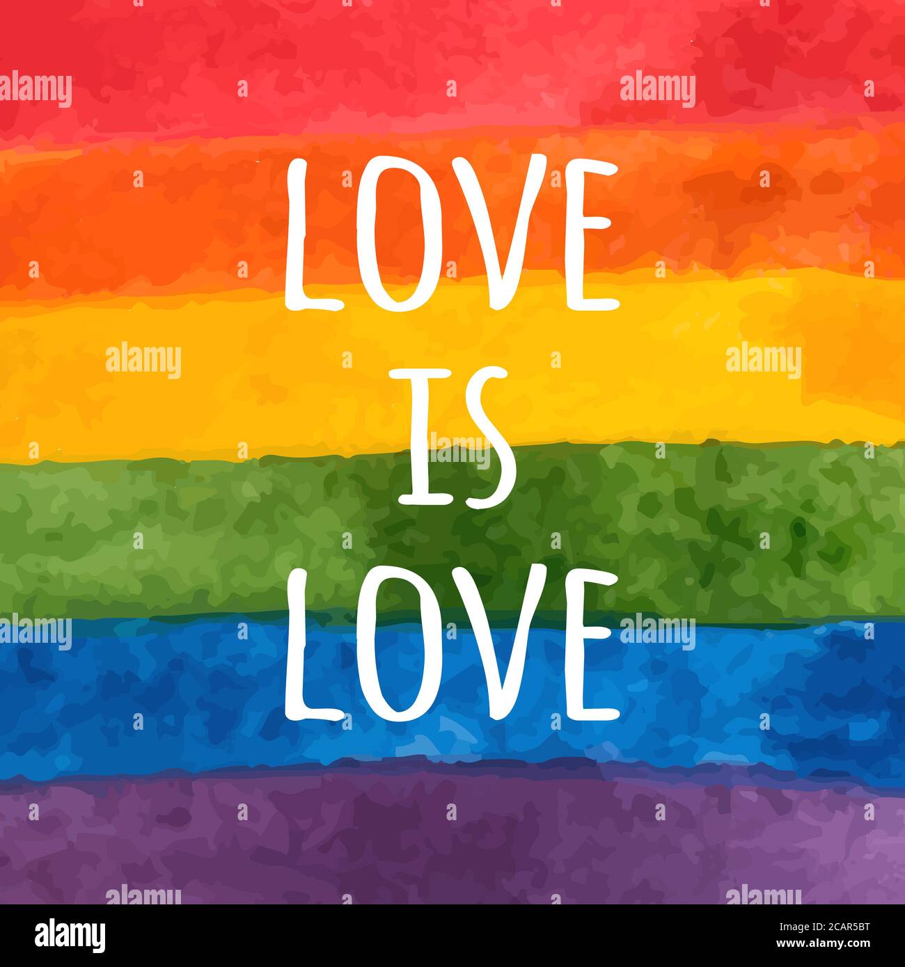 Wasserfarbige LGBT-Flagge. Handbemalter Regenbogen. Toleranz Tageskarte. „Love is love“-Slogan. Vektorgrafik. Stock Vektor