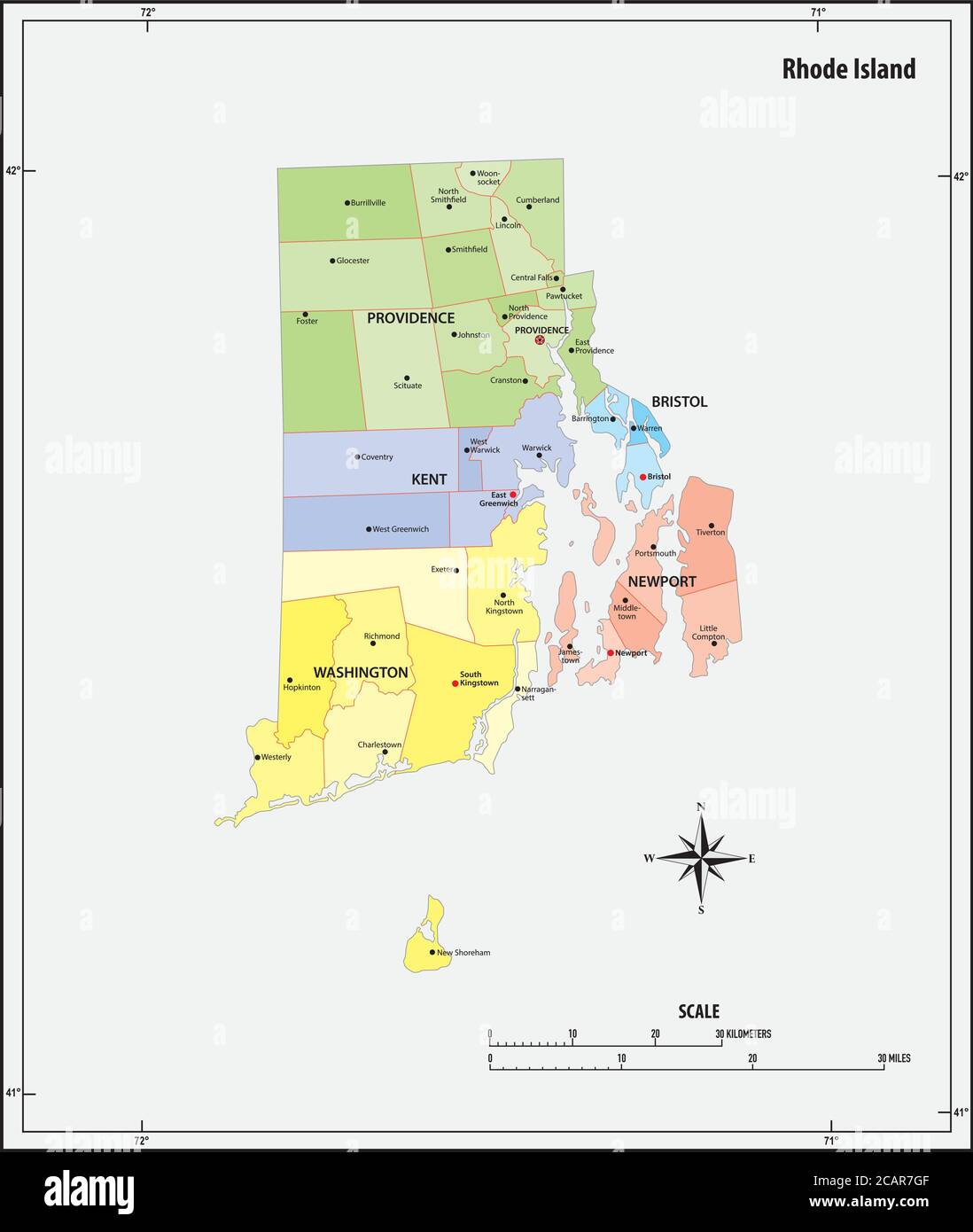 rhode Island State skizzieren administrative und politische Vektor-Karte in Farbe Stock Vektor