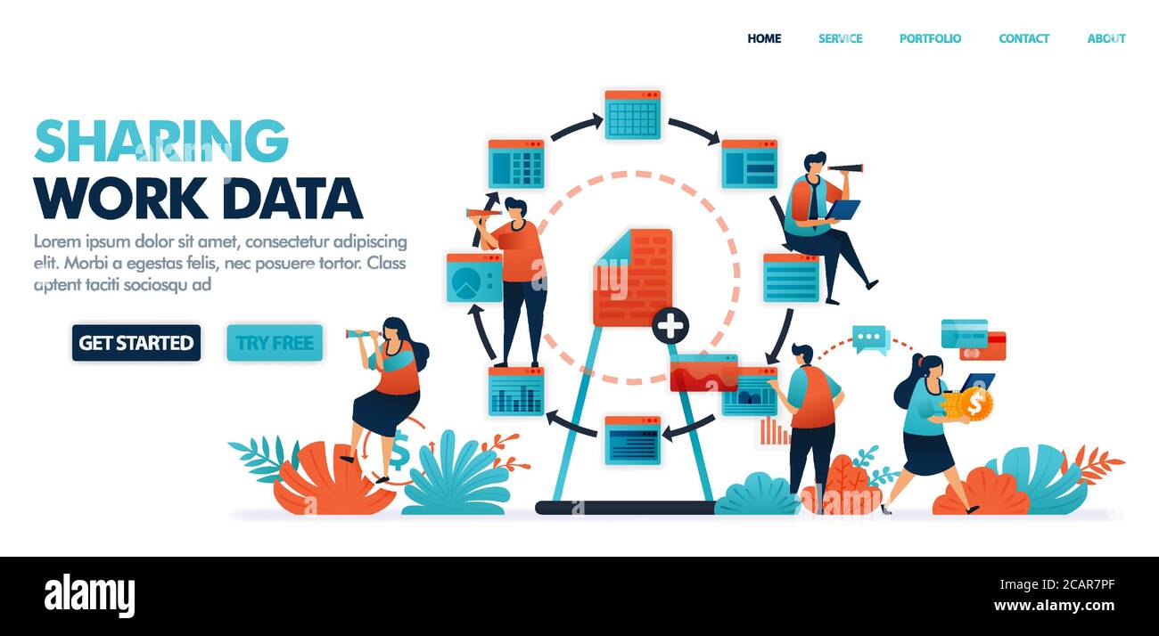 Gemeinsame Nutzung von Daten und Arbeitsdokumenten. Gemeinsame Arbeitsplätze mit wirtschaftlichen Gig in der Technologiebranche 4.0 und Verbreitung in Arbeitsplänen oder Arbeitsprogramme. Menschlicher Vektor Stock Vektor