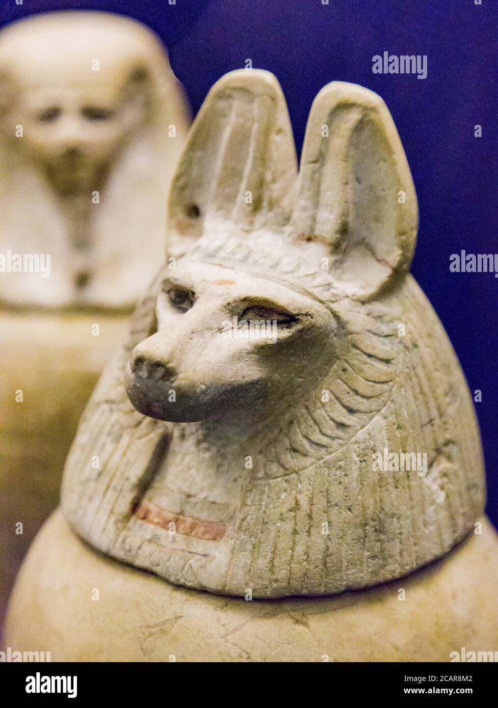 Ägypten, Kairo, Ägyptisches Museum, gefunden in der königlichen Nekropole von Tanis, 1 der 4 Leinwandvasen des Prinzen Hornakht. Der Stecker ist ein Schakalkopf. Stockfoto