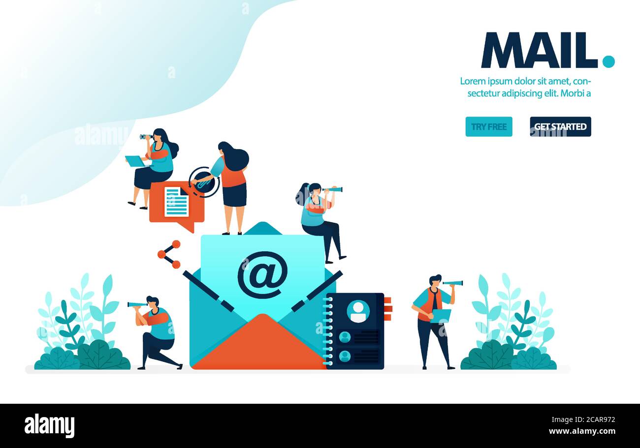 Vektorgrafik Mail & Kontakt. Personen in Bildern von Brief oder Umschlag, um Nachrichten zu senden und zu teilen. Posteingang aus Freundesliste. Entwickelt für die Landung Stock Vektor