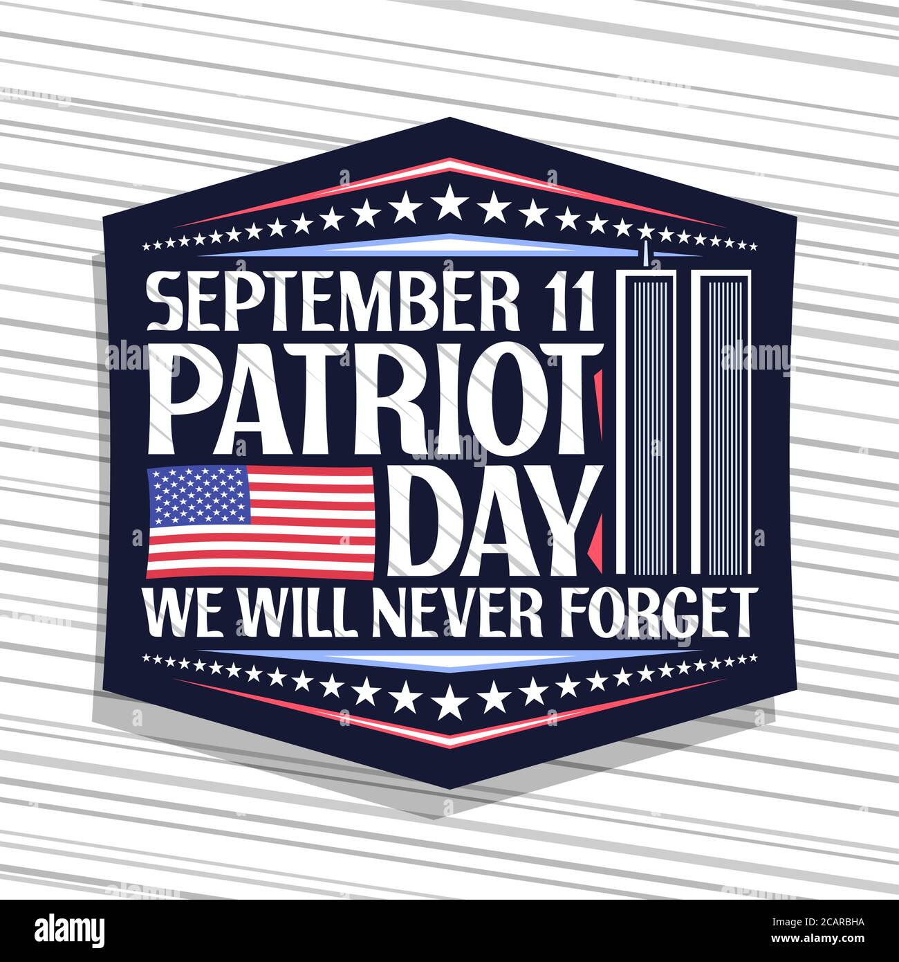 Vektor-Logo für Patriot Day, blaue dekorative Stempel mit Abbildung des Welthandelszentrums, amerikanische Flagge, einzigartige Beschriftung für Worte september 11, pa Stock Vektor
