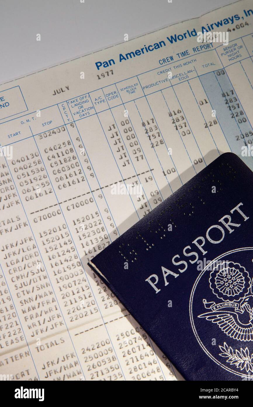 Pan American World Airways Crew Time Sheet, 1970er, USA Stockfoto