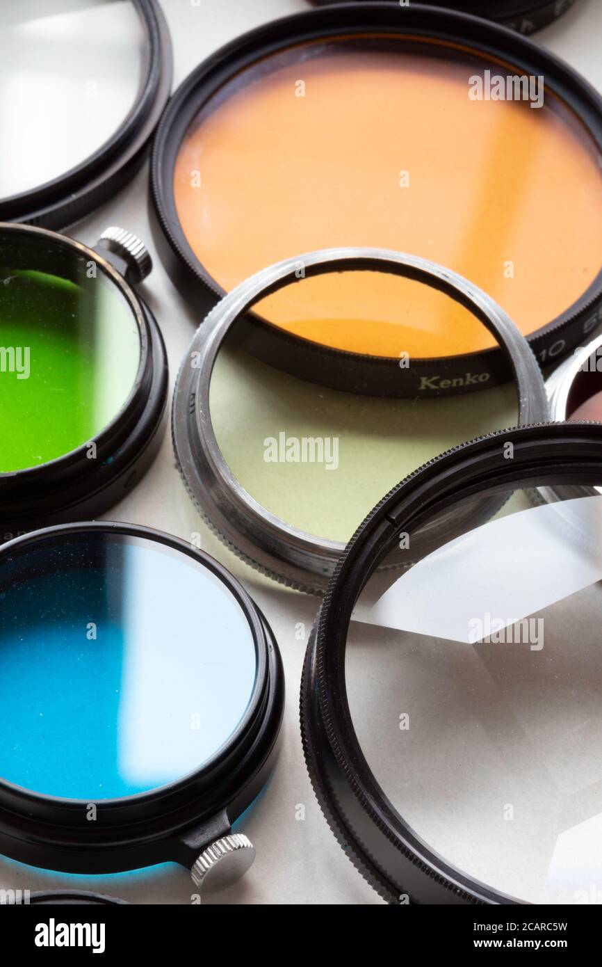 Vintage-Filmkamera-Objektiv filtert Stillleben Stockfoto