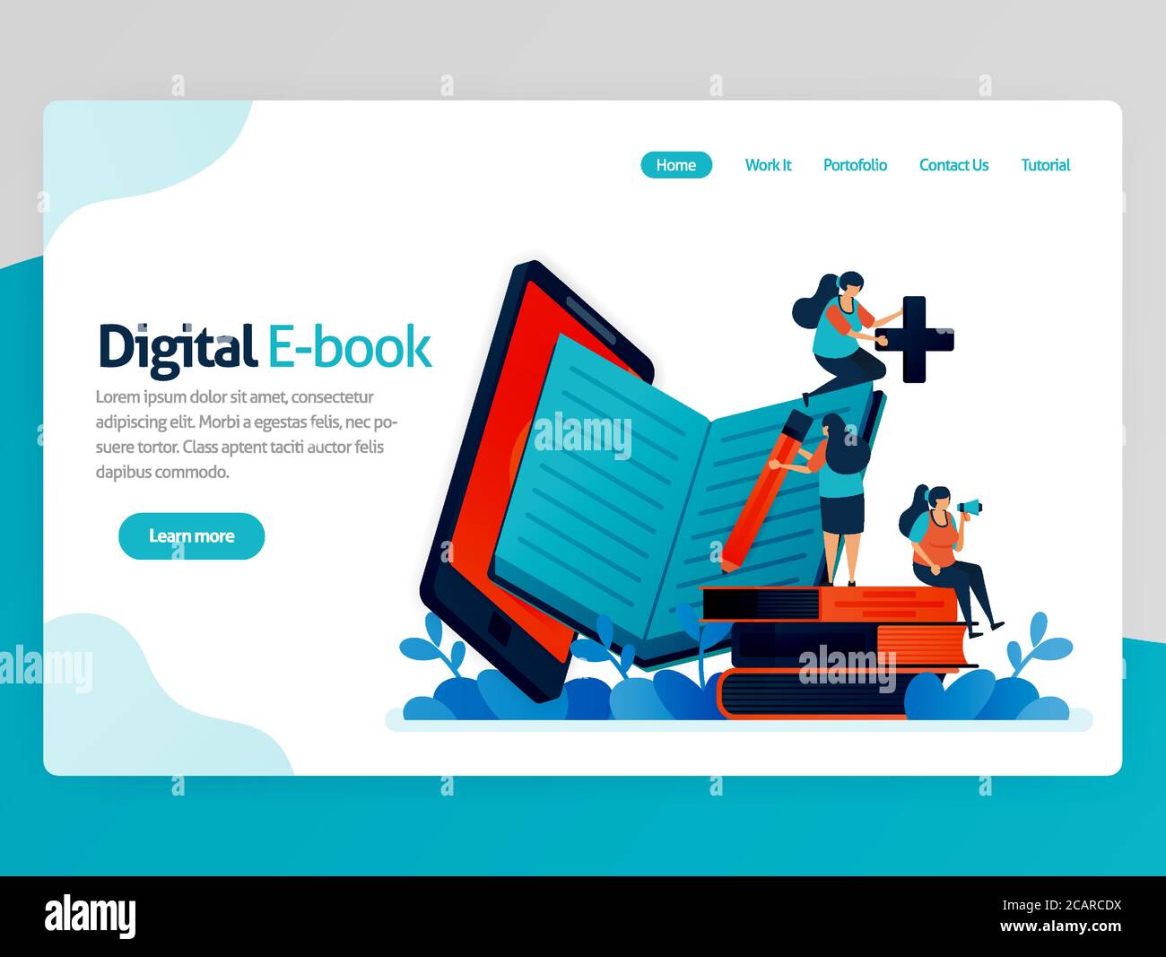 Vektordarstellung für digitale eBook-Landing-Page. Mobile Apps zum Lesen, Schreiben, Studieren. Moderne Bibliotheksplattform. Online-Lernen, Sprache edu Stock Vektor