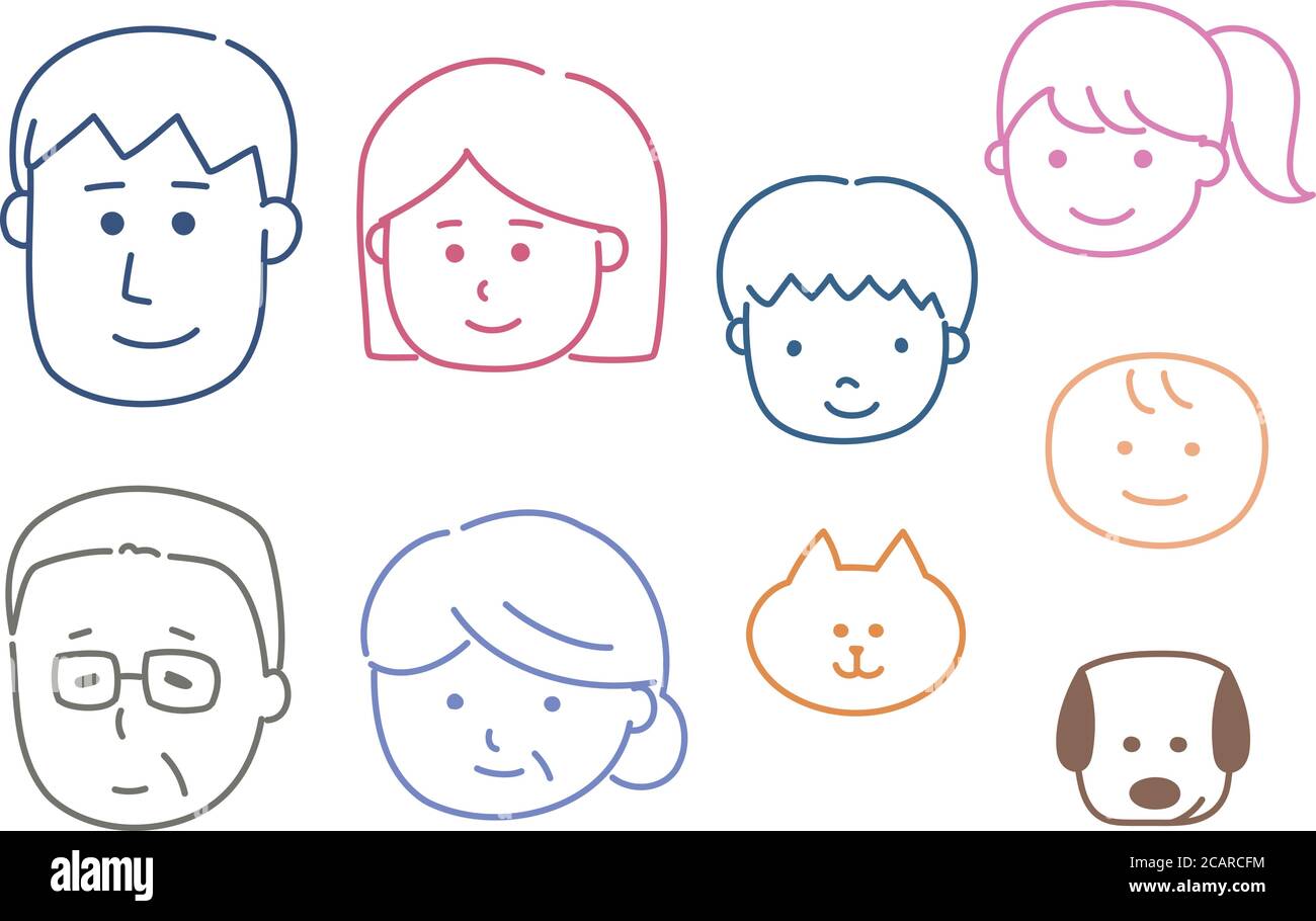 Diverse Ikonen der asiatischen glücklichen Familie. Vektorgrafik isoliert auf weißem Hintergrund. Stock Vektor