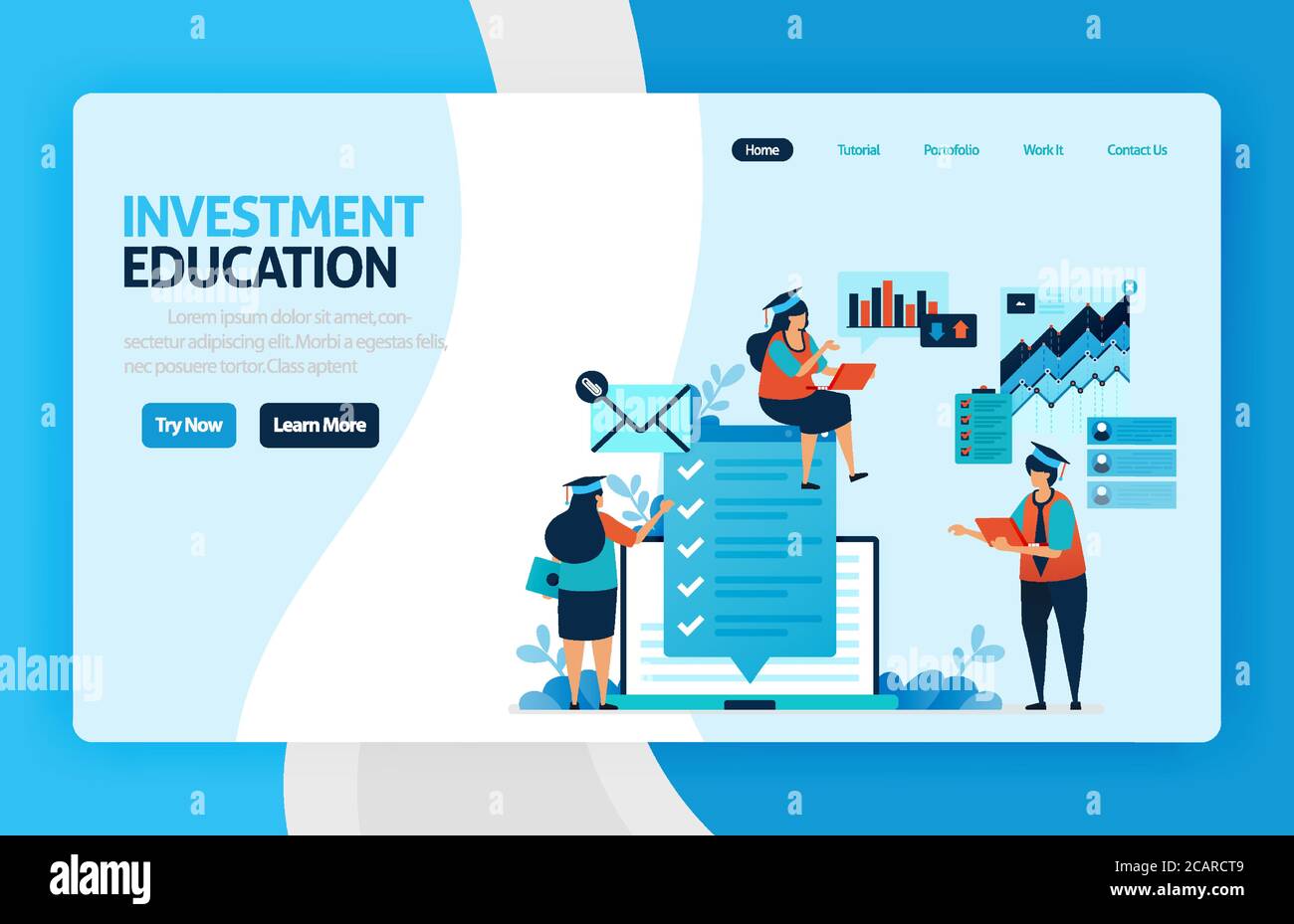 Landing Page Vektor-Design für Investitionen Ausbildung. Return of Investment mit Planung, Börse und Investmentfonds, Fixed Income, Geldmarkt. Fo Stock Vektor