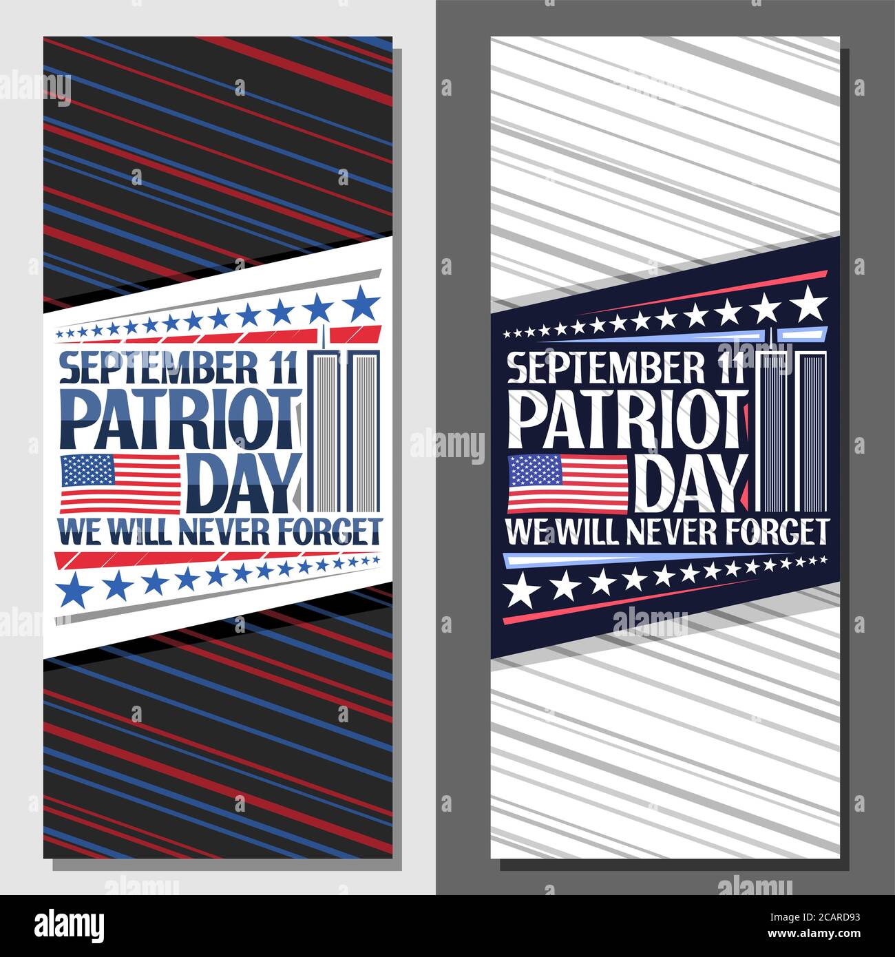 Vektor-Layouts für Patriot Day, dekorative Karte mit Darstellung des Welthandelszentrums, amerikanische Flagge, einzigartige Beschriftung für Worte september 11, patri Stock Vektor