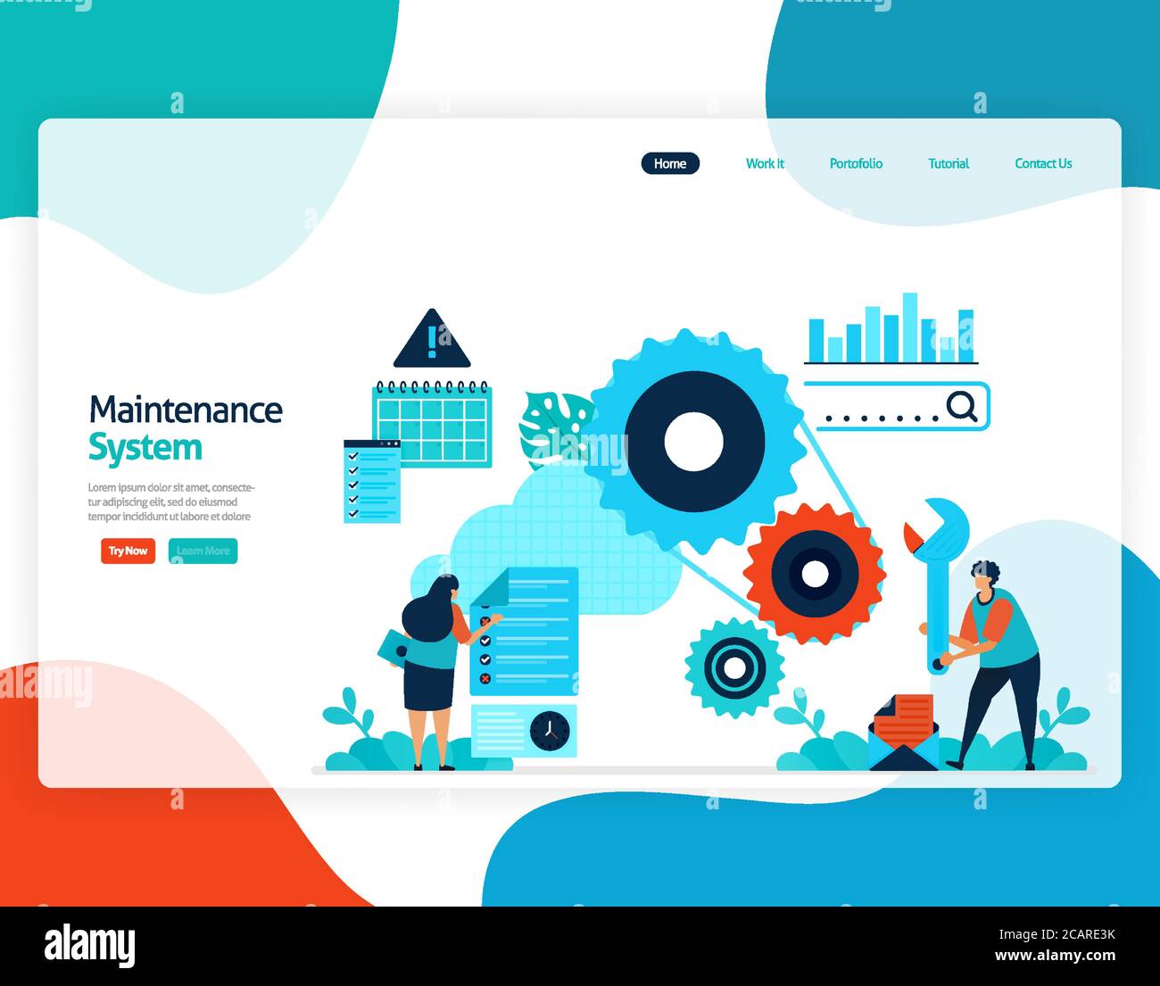 Startseite Landing Page Vektor flache Abbildung des Wartungssystems. Reparatur und Wartung von Cloud-Speicher-Technologie. Sicherheitssystem in digitalen b Stock Vektor