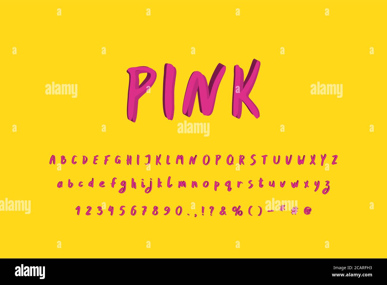 Handgezeichnetes Alphabet. Abstrakte Vektorschrift, rosa Magenta Farben. Groß- und Kleinbuchstaben, Zahlen. Original 3D moderne Schriftart. Stock Vektor