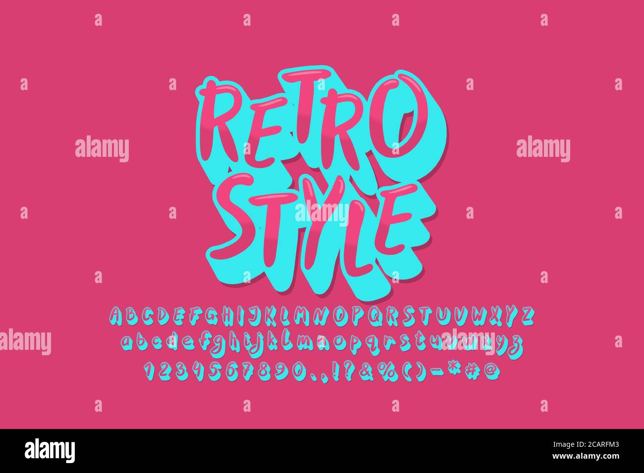 Retro-Stil Alphabet, rosa blau Vintage-Design. Stilisierte 3d-Vektorschriftart. Von Hand gezeichnete Groß- und Kleinbuchstaben, Zahlen, Satzzeichen. Stock Vektor